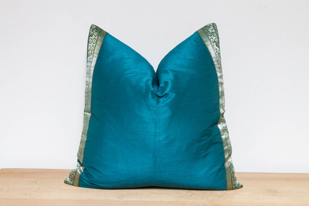 Teal Festive Silk Euro Pillow Cover