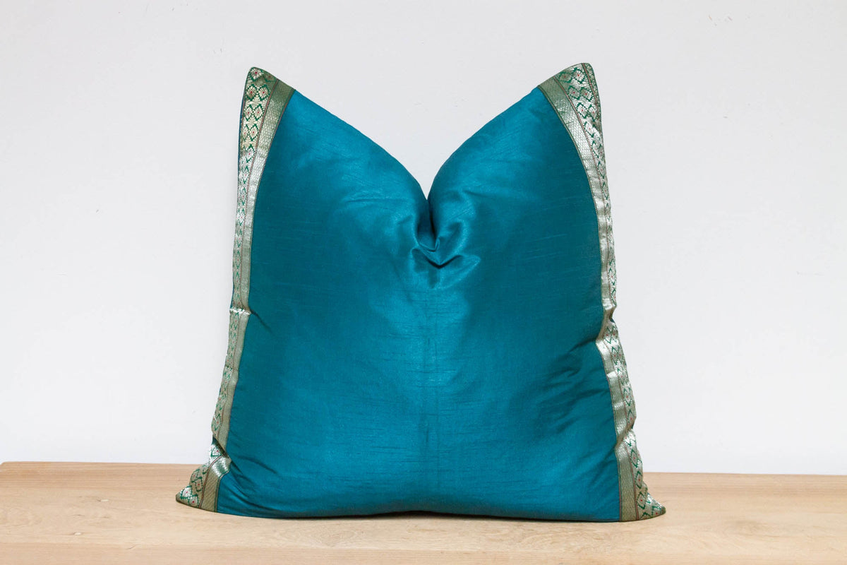 Teal Festive Silk Euro Pillow Cover