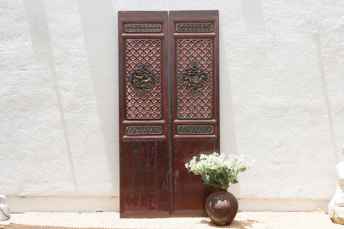 Dragon's Gaze Pair of Early 20th Century Chinese Lattice Door Panels