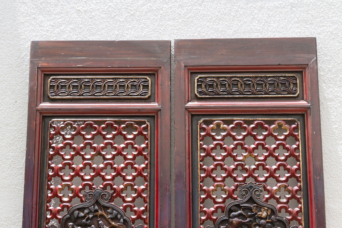 Dragon's Gaze Pair of Early 20th Century Chinese Lattice Door Panels