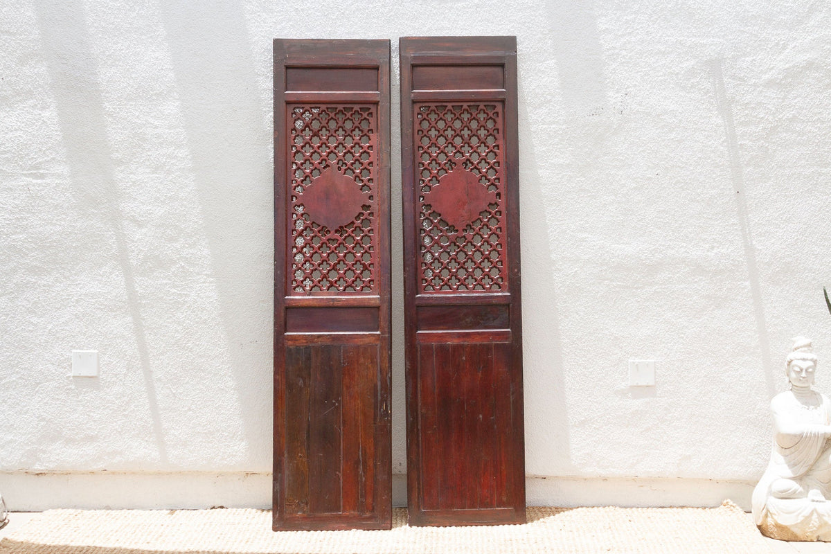 Dragon's Gaze Pair of Early 20th Century Chinese Lattice Door Panels