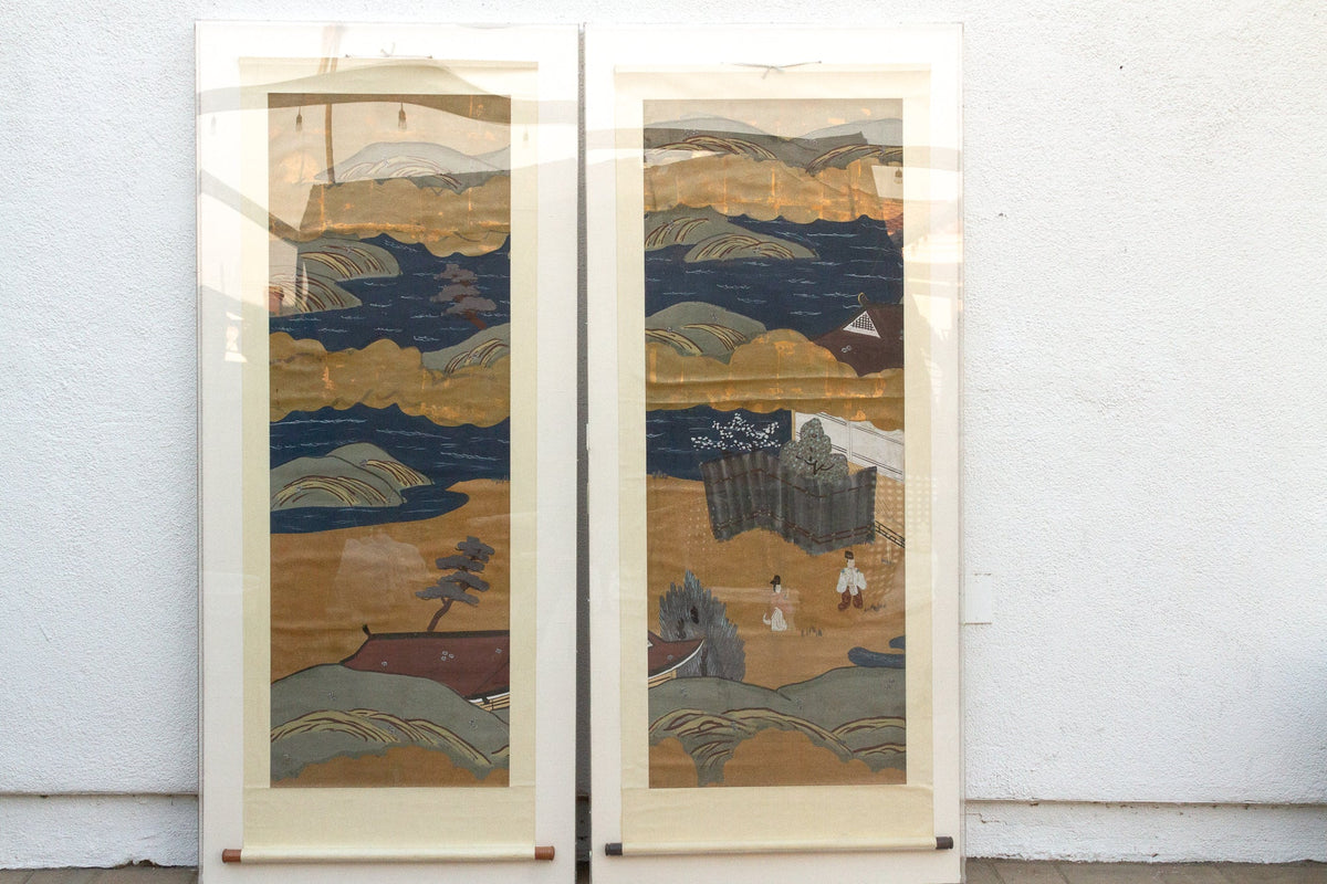 Set of 2, Tall Antique Japanese Nature Scroll Paintings