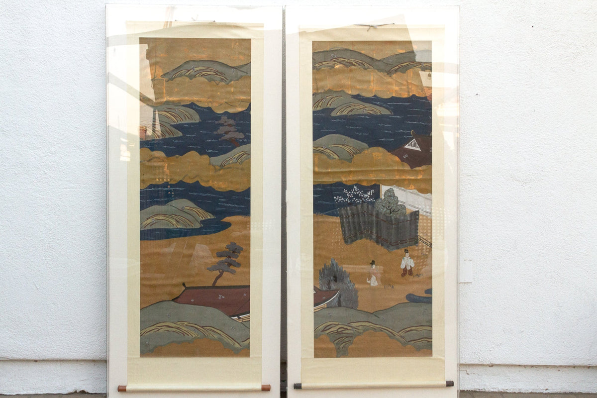 Set of 2, Tall Antique Japanese Nature Scroll Paintings