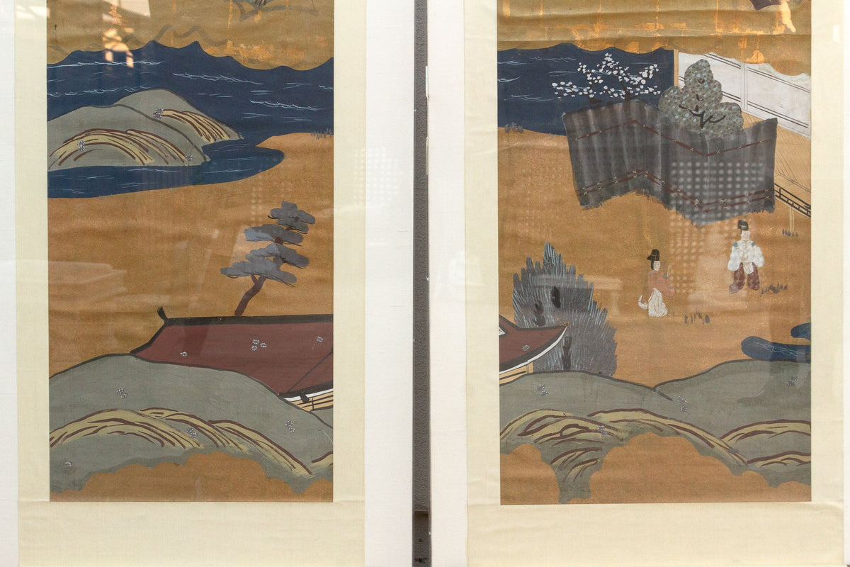 Set of 2, Tall Antique Japanese Nature Scroll Paintings