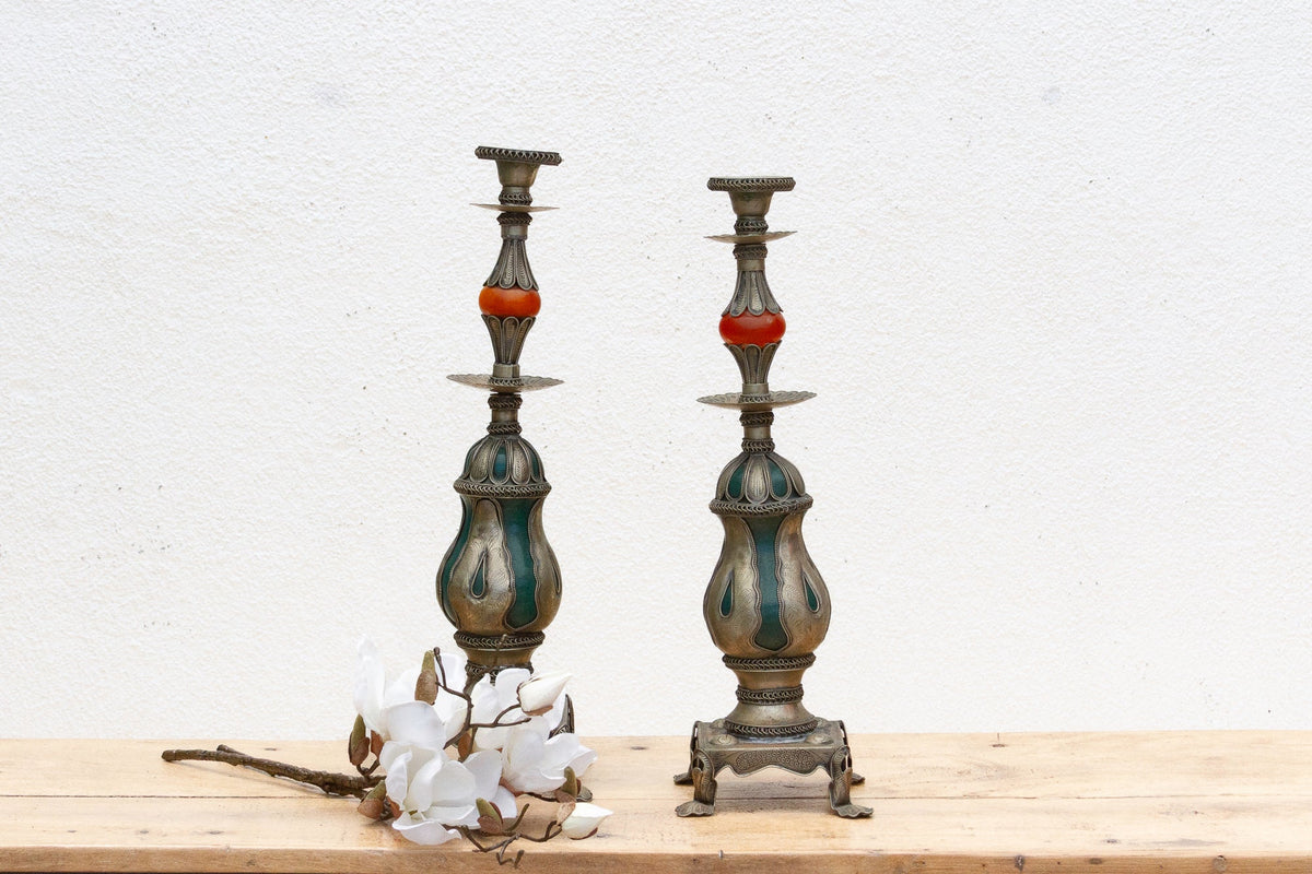Pair of Ornate Vintage Tibetan Candleholders