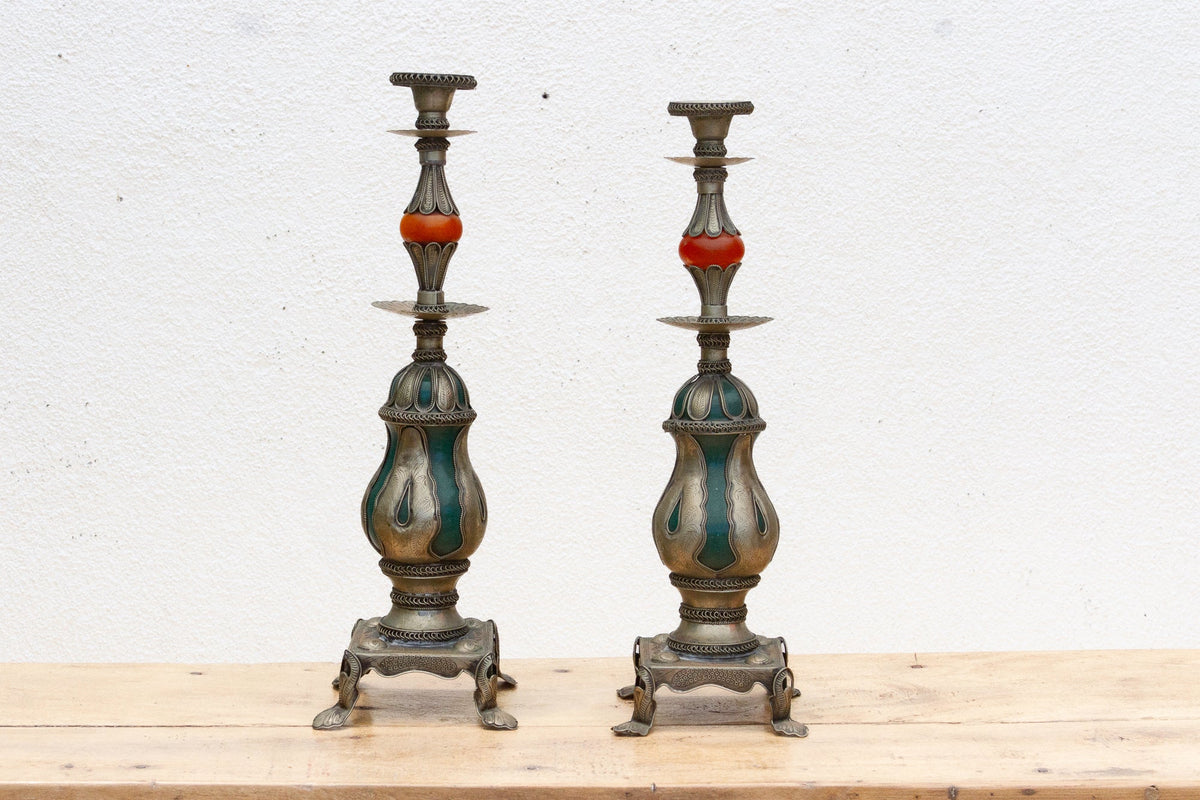 Pair of Ornate Vintage Tibetan Candleholders