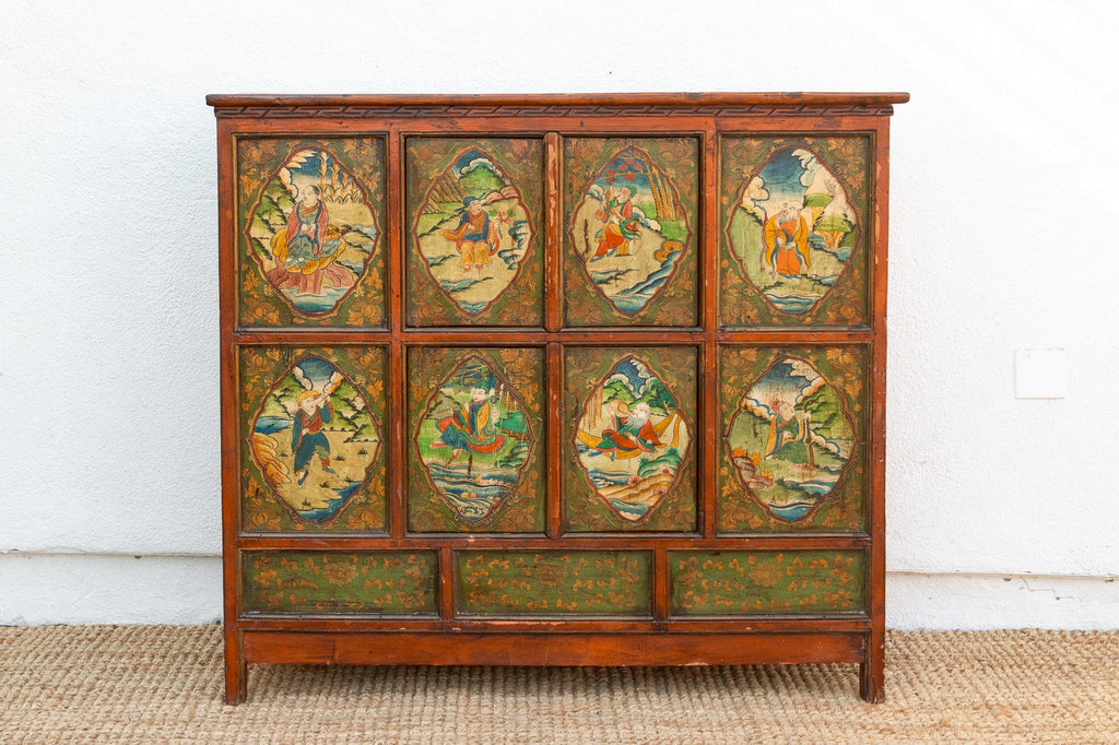Early 19th Century Tibetan Green & Orange Painted Cabinet