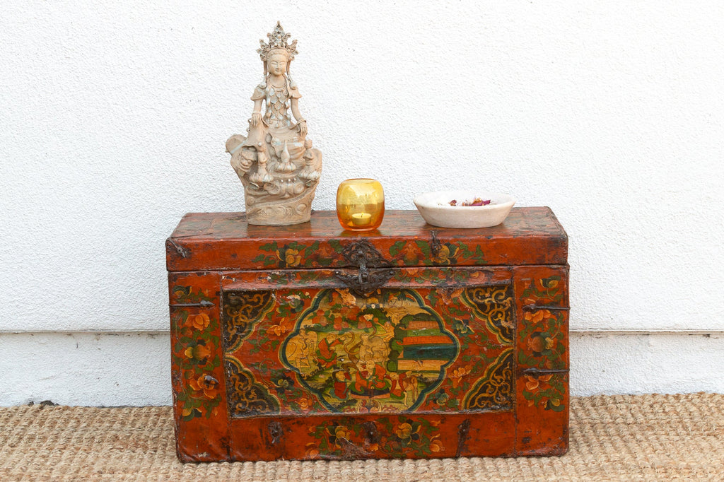 Rare 18th Century Tibetan Hand-Painted Chest