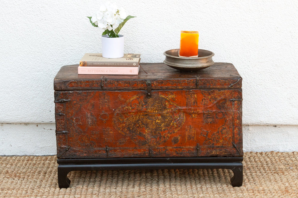 Antique Tibetan Red & Gold Painted Chest on Stand