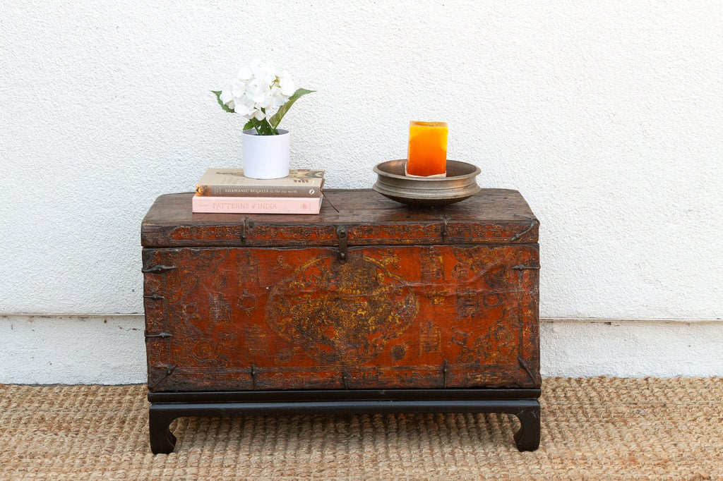 Antique Tibetan Red & Gold Painted Chest on Stand