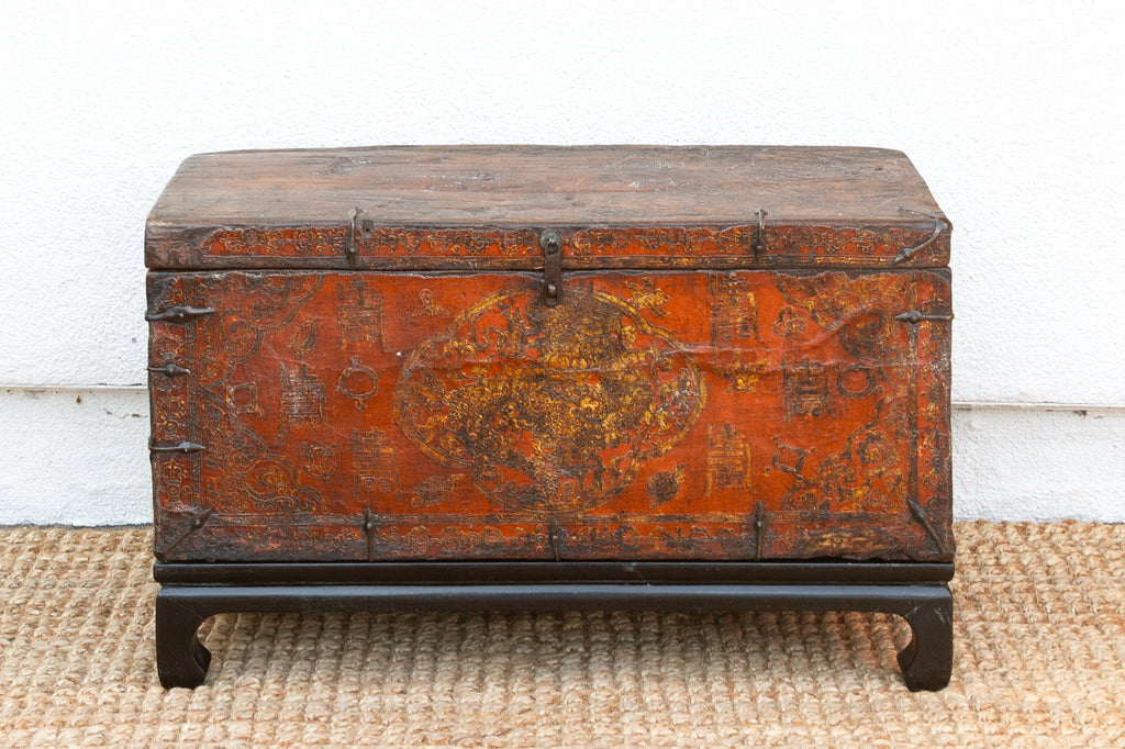 Antique Tibetan Red & Gold Painted Chest on Stand