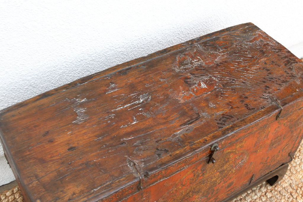 Antique Tibetan Red & Gold Painted Chest on Stand