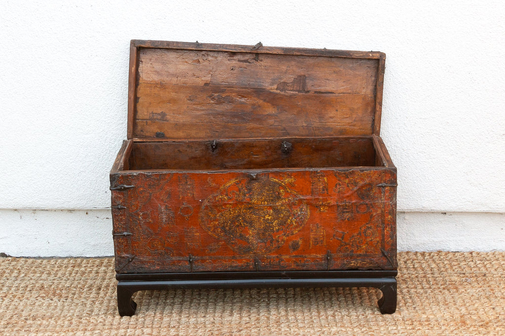 Antique Tibetan Red & Gold Painted Chest on Stand