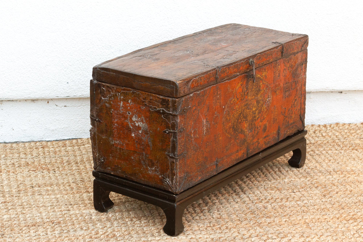Antique Tibetan Red & Gold Painted Chest on Stand