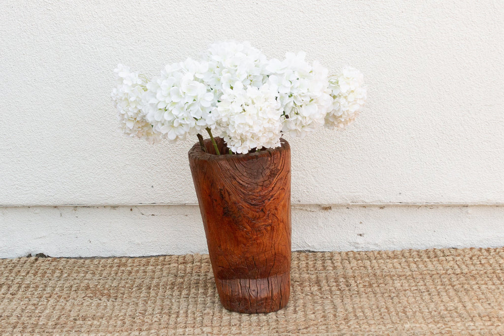 Rustic Antique Chinese Mortar, Carved Wood Planter