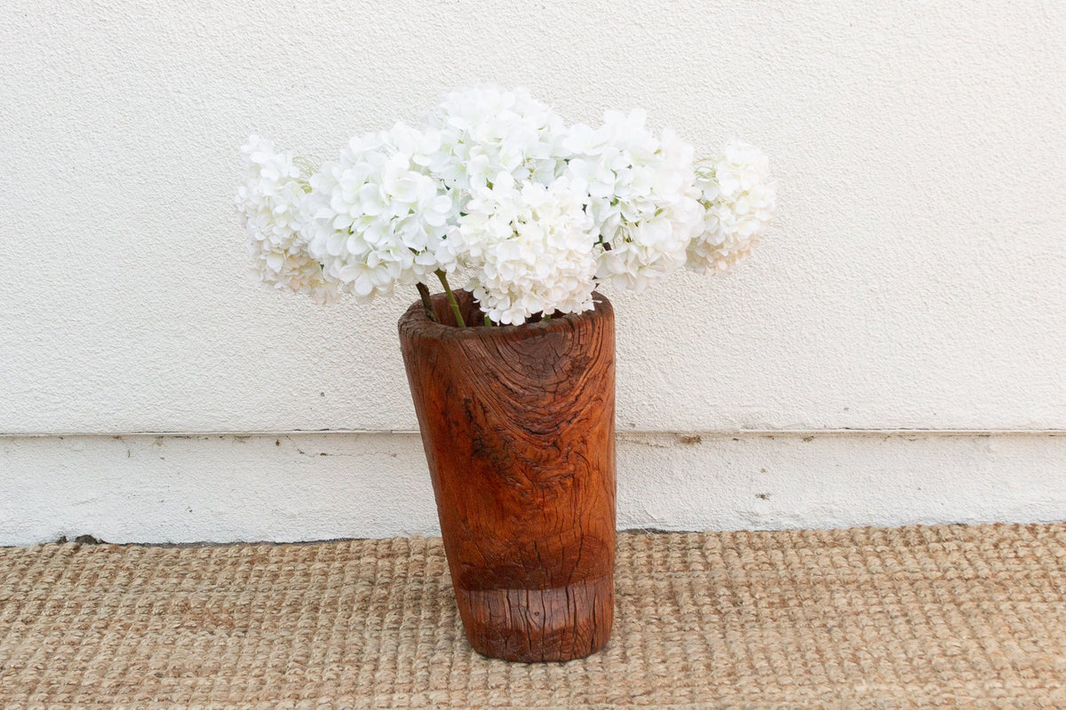 Rustic Antique Chinese Mortar, Carved Wood Planter