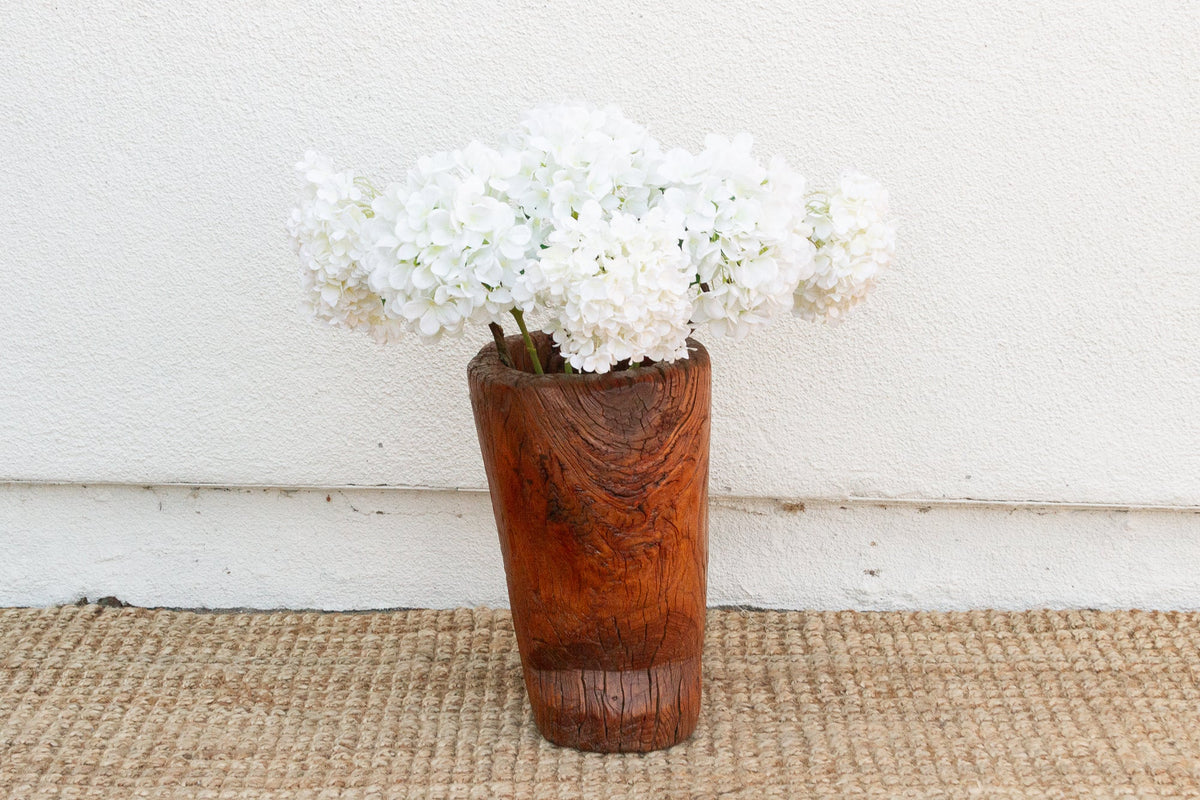Rustic Antique Chinese Mortar, Carved Wood Planter