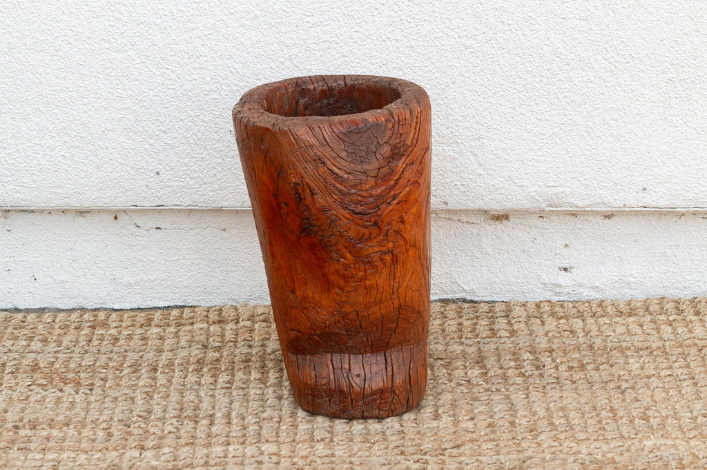 Rustic Antique Chinese Mortar, Carved Wood Planter
