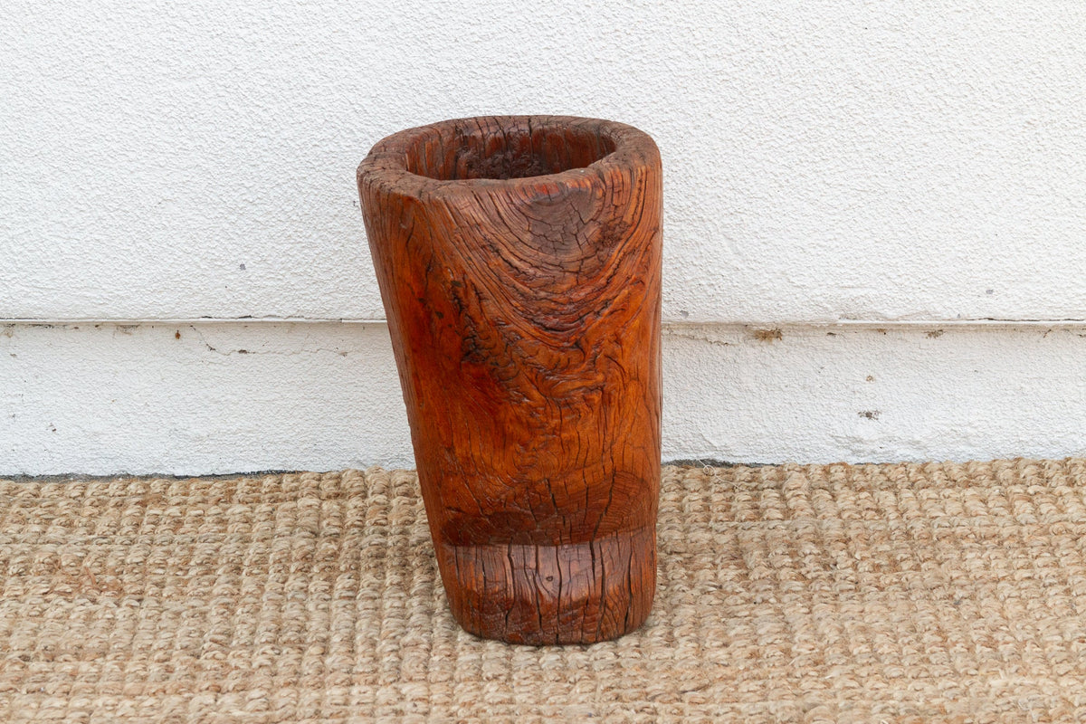 Rustic Antique Chinese Mortar, Carved Wood Planter