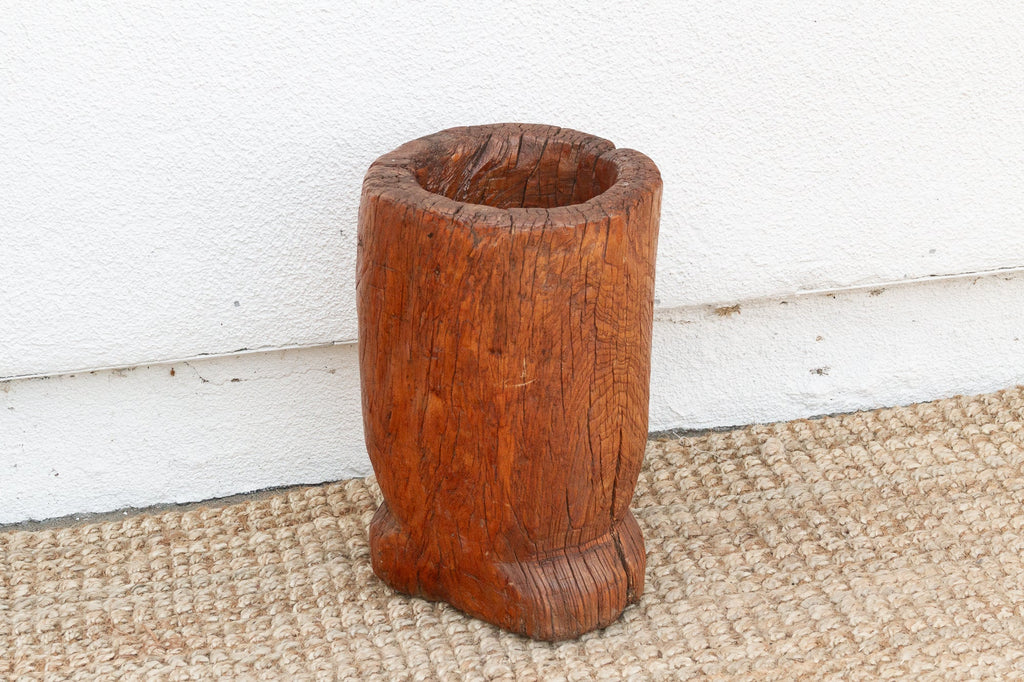 Rustic Antique Chinese Mortar, Carved Wood Planter