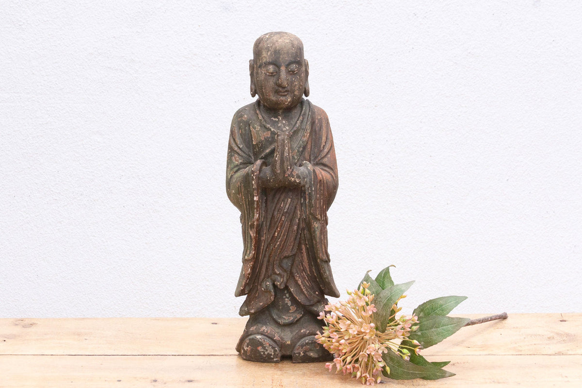 Antique Praying Monk Carved 20" Statue