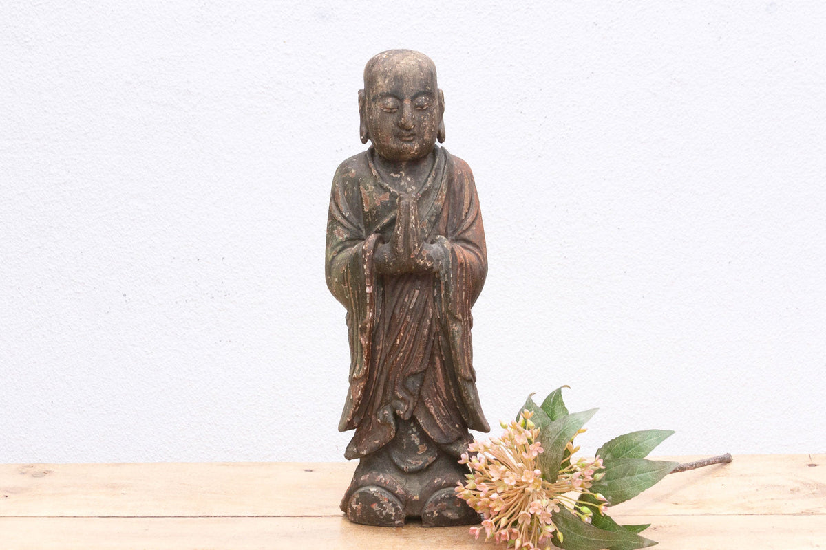 Antique Praying Monk Carved 20" Statue