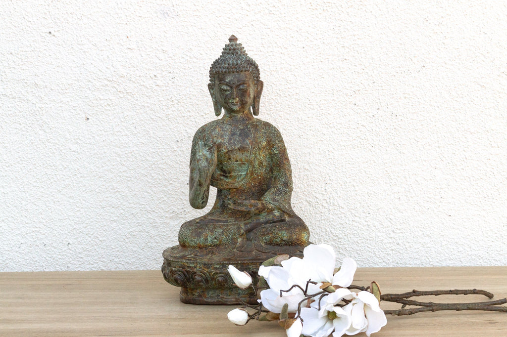 Serene Prescence, Antique Verdigris Bronze Buddha Sculpture