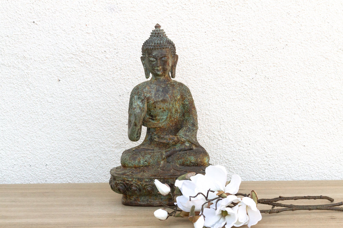 Serene Prescence, Antique Verdigris Bronze Buddha Sculpture