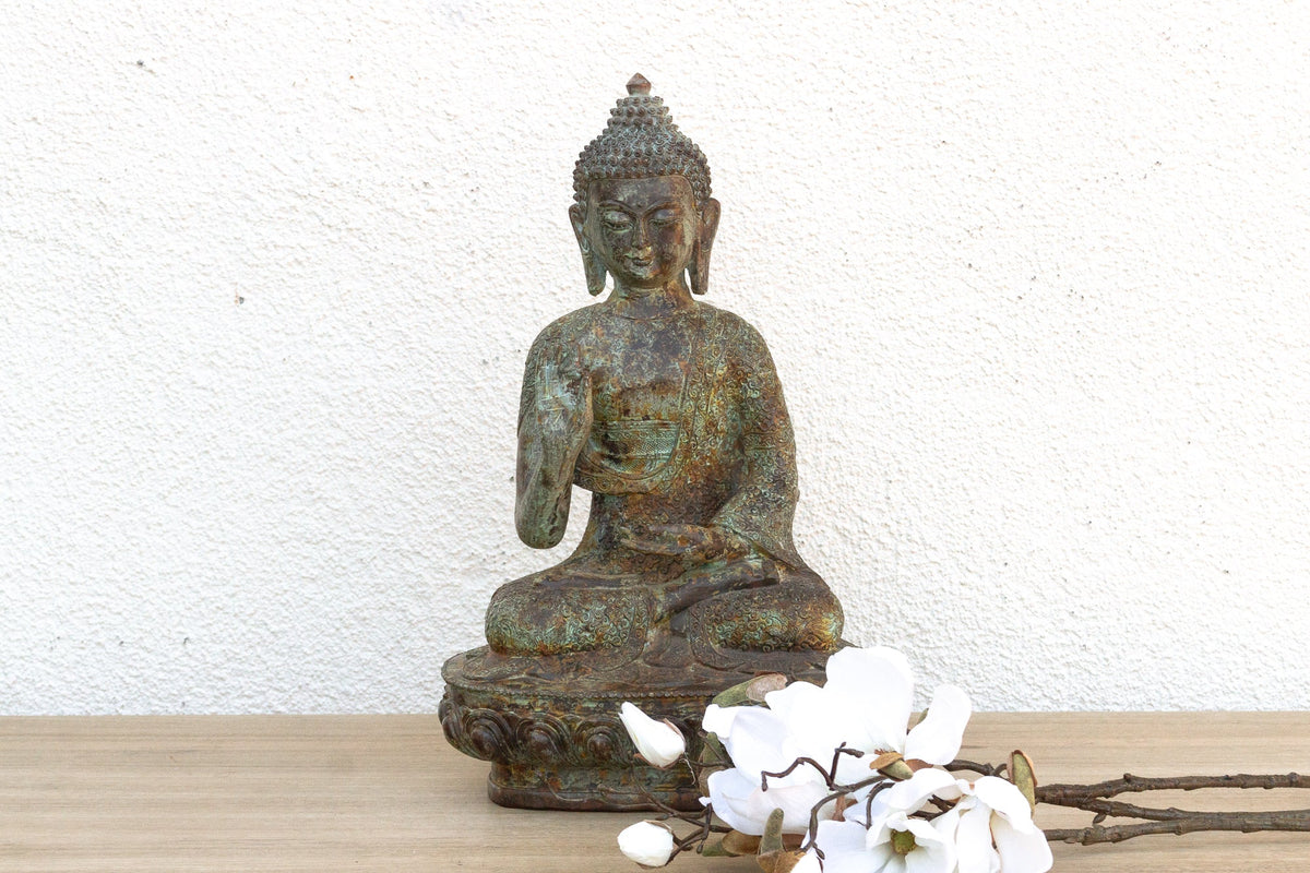 Serene Prescence, Antique Verdigris Bronze Buddha Sculpture