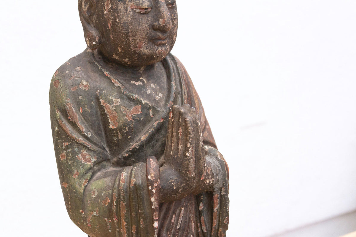 Antique Praying Monk Carved 20" Statue