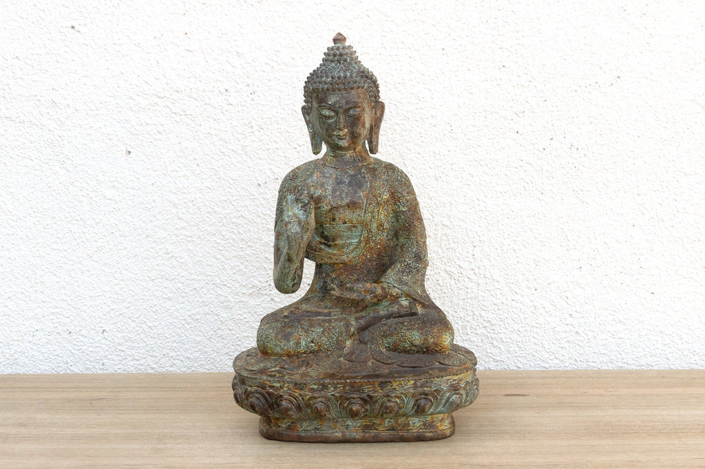 Serene Prescence, Antique Verdigris Bronze Buddha Sculpture