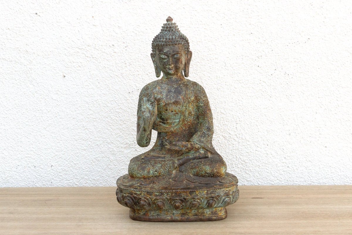 Serene Prescence, Antique Verdigris Bronze Buddha Sculpture
