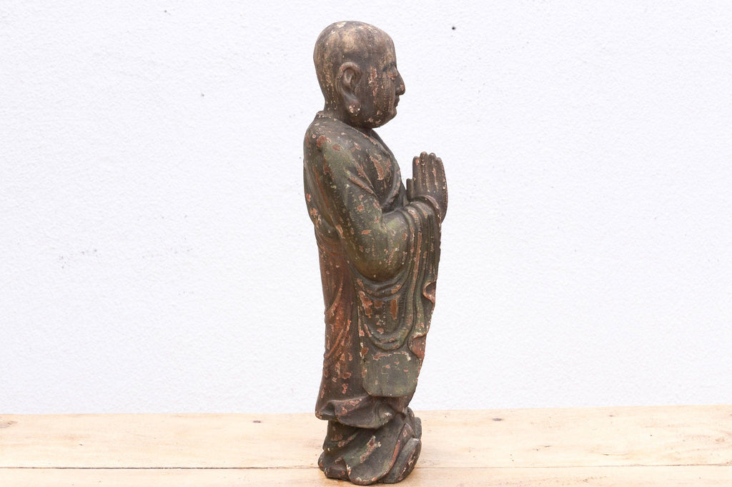 Antique Praying Monk Carved 20" Statue