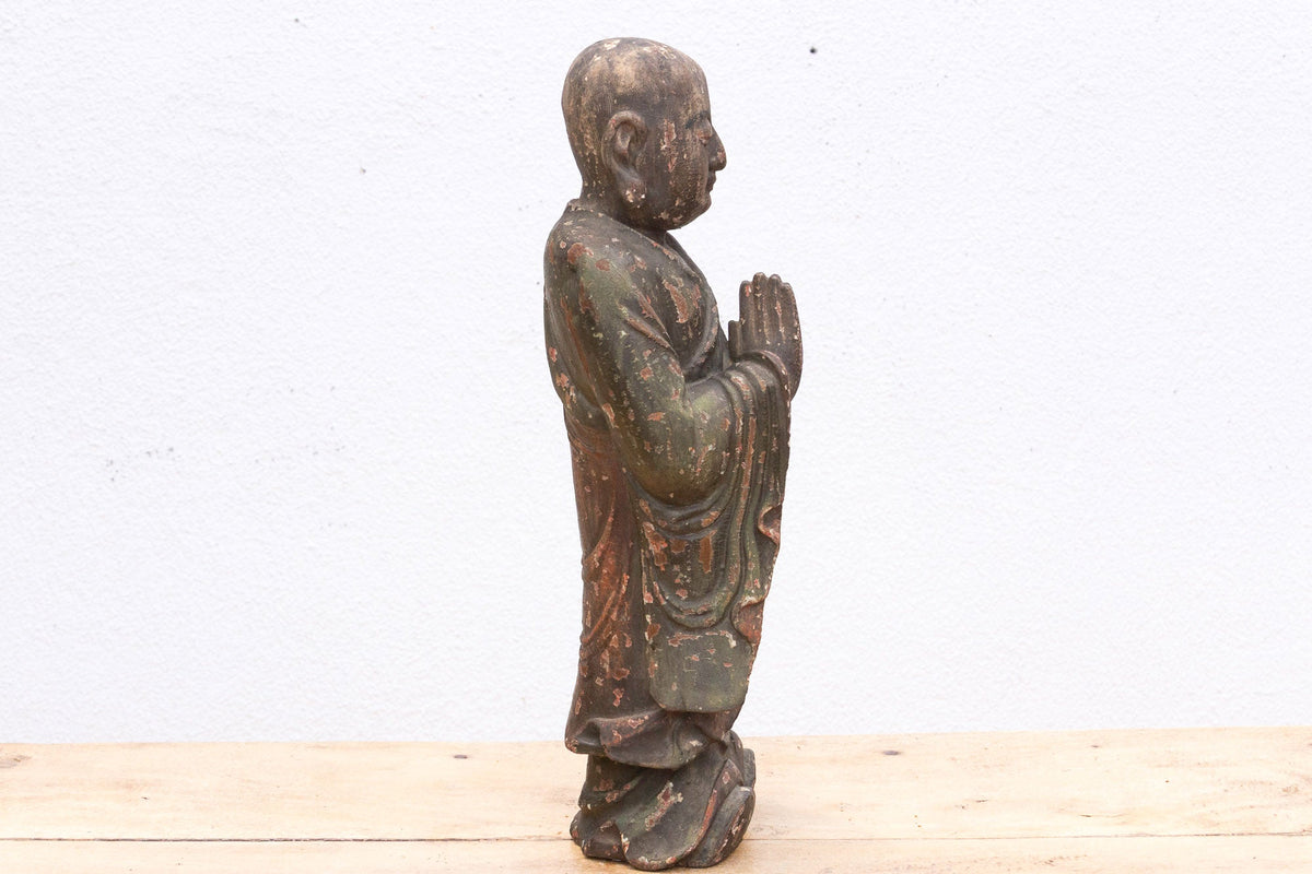 Antique Praying Monk Carved 20" Statue
