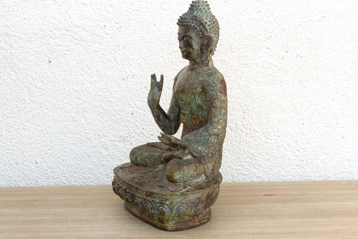Serene Prescence, Antique Verdigris Bronze Buddha Sculpture