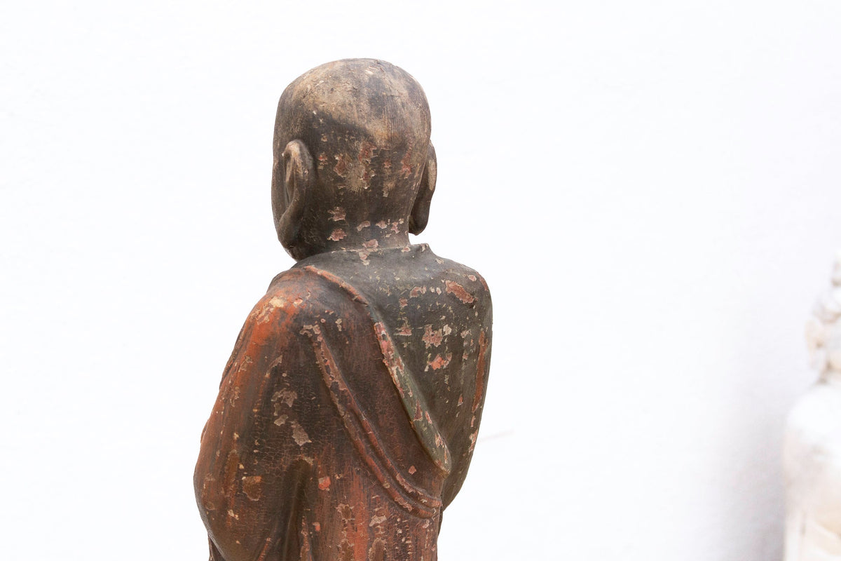 Antique Praying Monk Carved 20" Statue