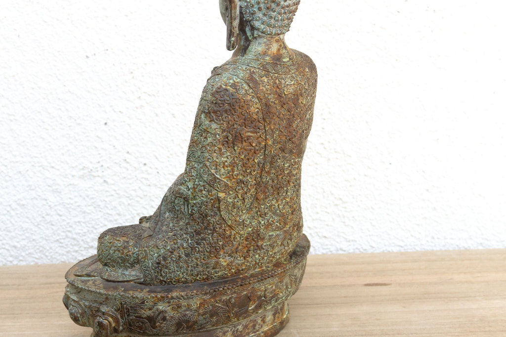 Serene Prescence, Antique Verdigris Bronze Buddha Sculpture