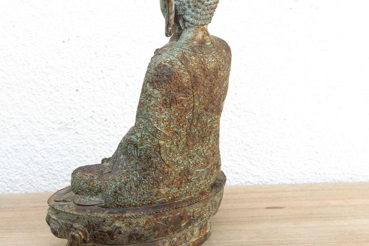 Serene Prescence, Antique Verdigris Bronze Buddha Sculpture
