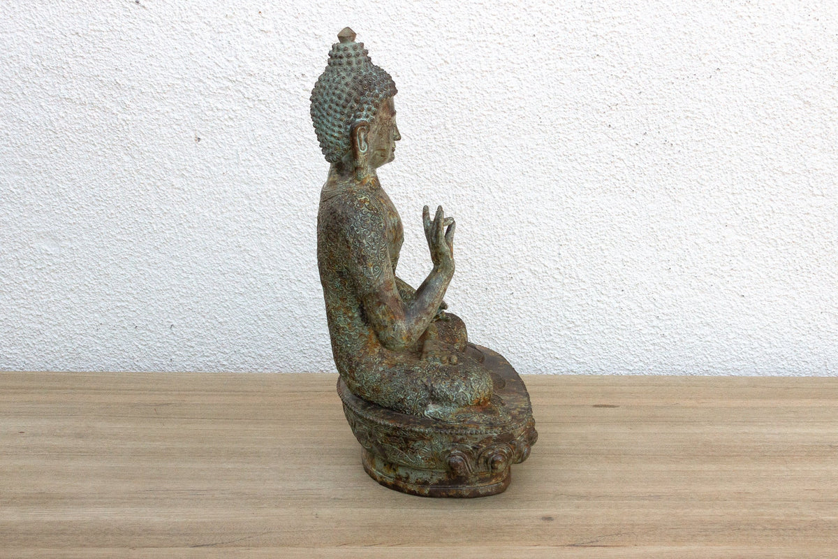 Serene Prescence, Antique Verdigris Bronze Buddha Sculpture