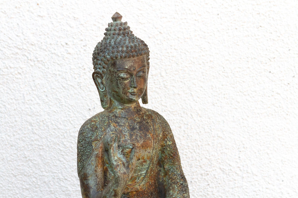Serene Prescence, Antique Verdigris Bronze Buddha Sculpture