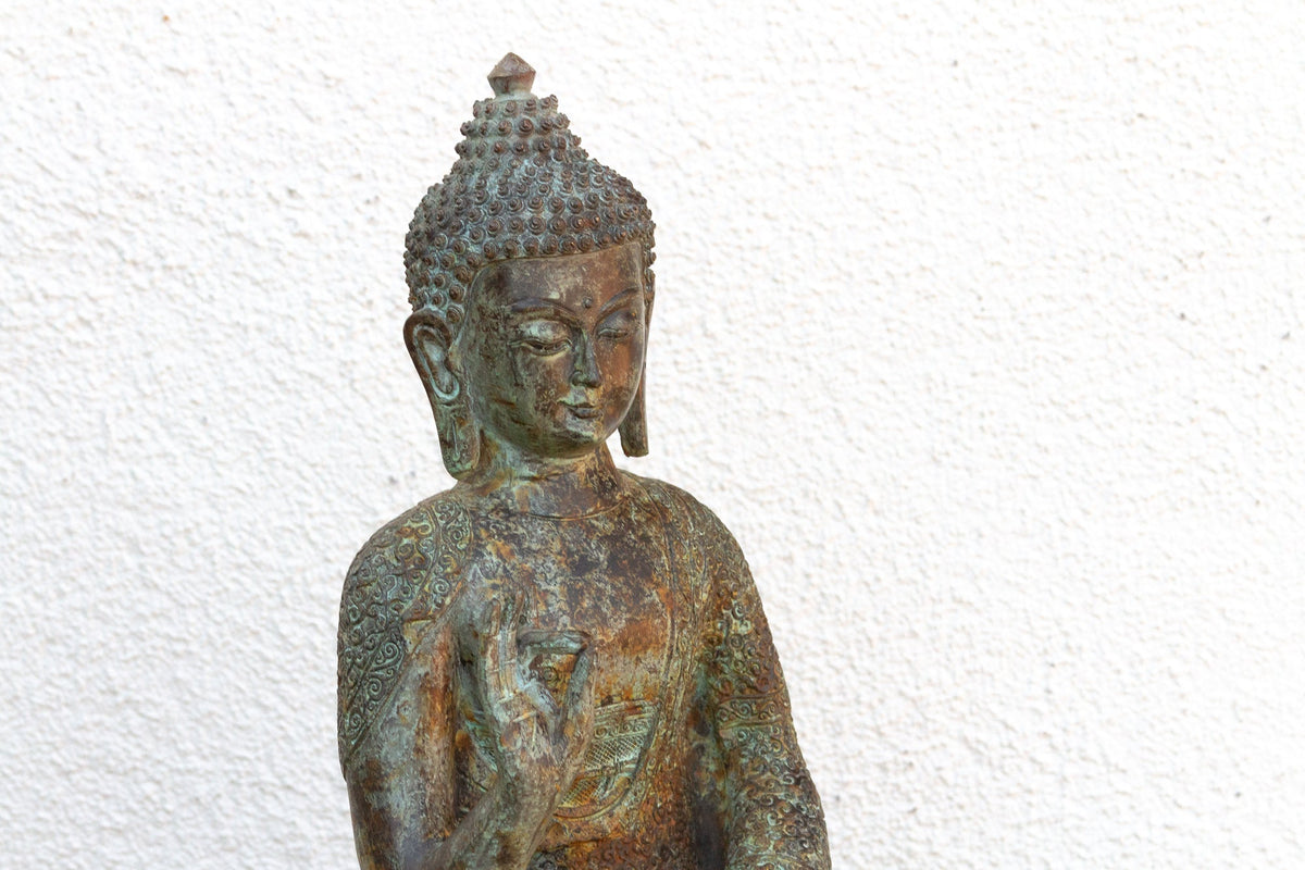 Serene Prescence, Antique Verdigris Bronze Buddha Sculpture