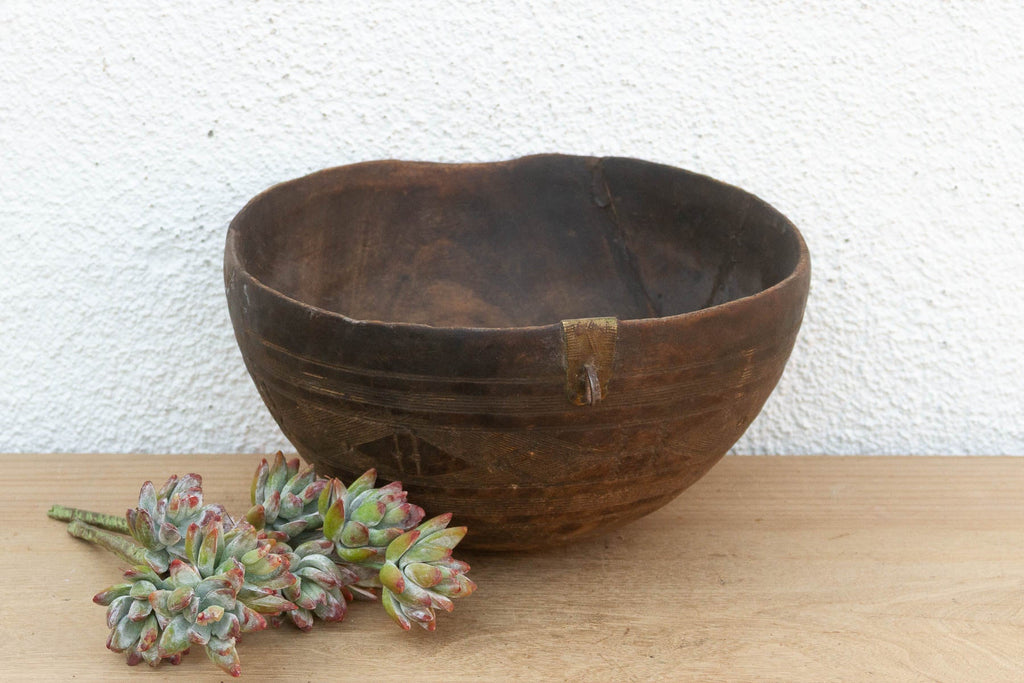 Antique Engraved Bowl w/ Brass Ring Handle