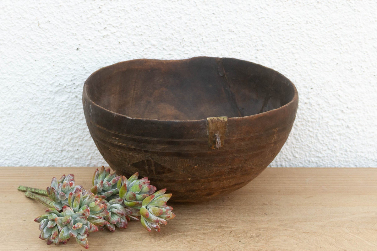 Antique Engraved Bowl w/ Brass Ring Handle