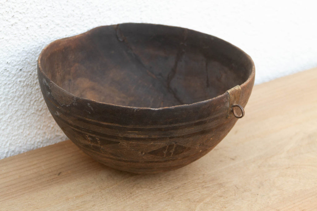 Antique Engraved Bowl w/ Brass Ring Handle
