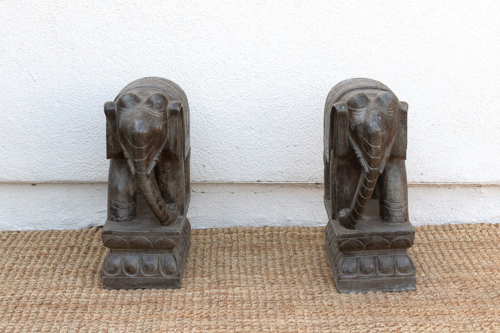 Pair of Large Hand-Carved Stone Elephants From Nepal