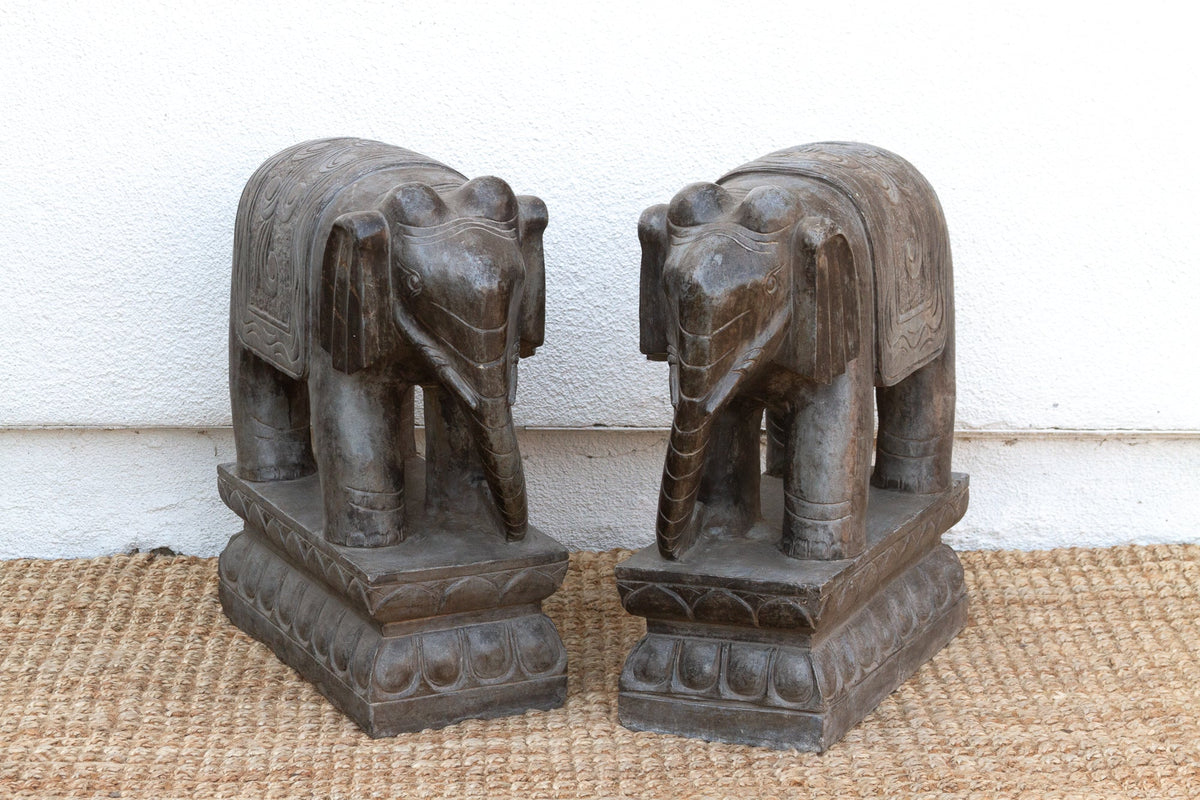 Pair of Large Hand-Carved Stone Elephants From Nepal
