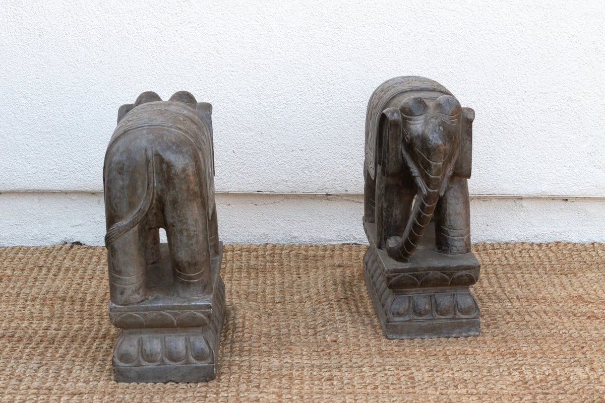 Pair of Large Hand-Carved Stone Elephants From Nepal