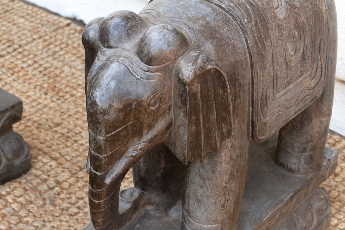 Pair of Large Hand-Carved Stone Elephants From Nepal