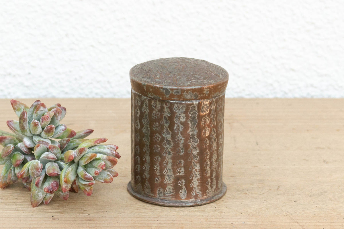 Petite Antique Etched Copper Spice Container