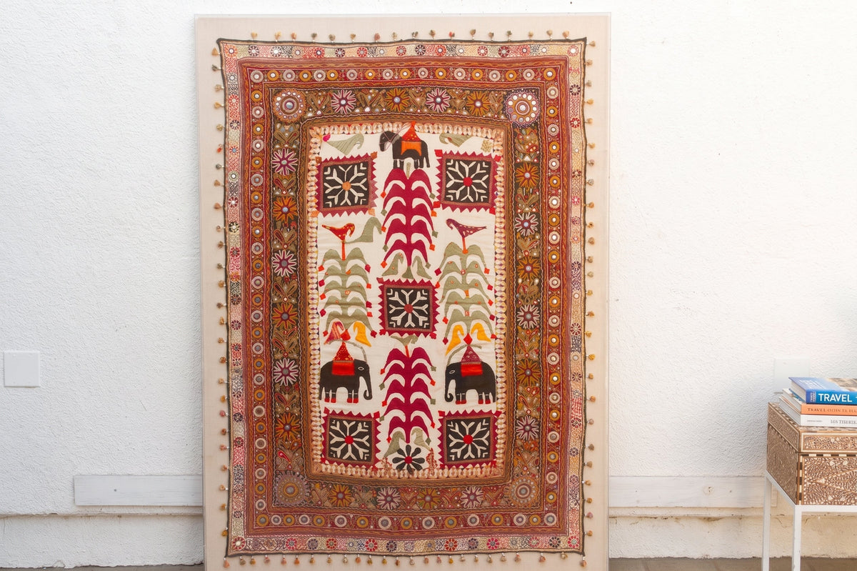 68" Tall Vintage Gujarati Framed Tapestry